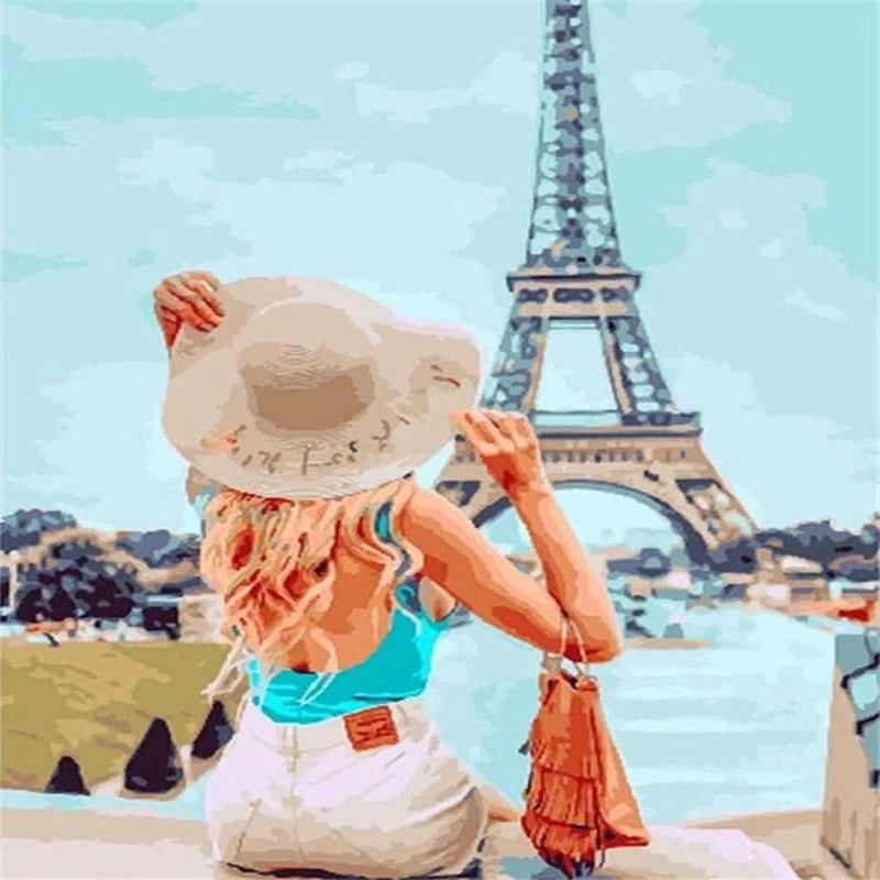 Woman Portrait At Eiffel Tower Paint by Numbers
