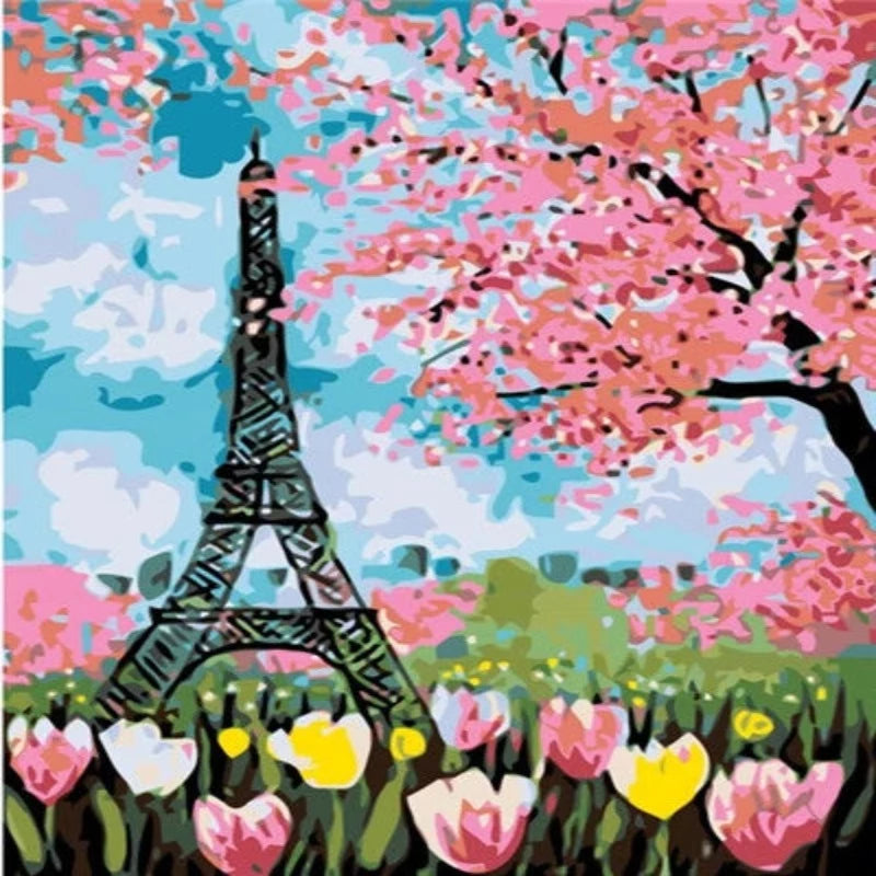 Eiffel Tower In Spring Flower Bloom Paint by Numbers
