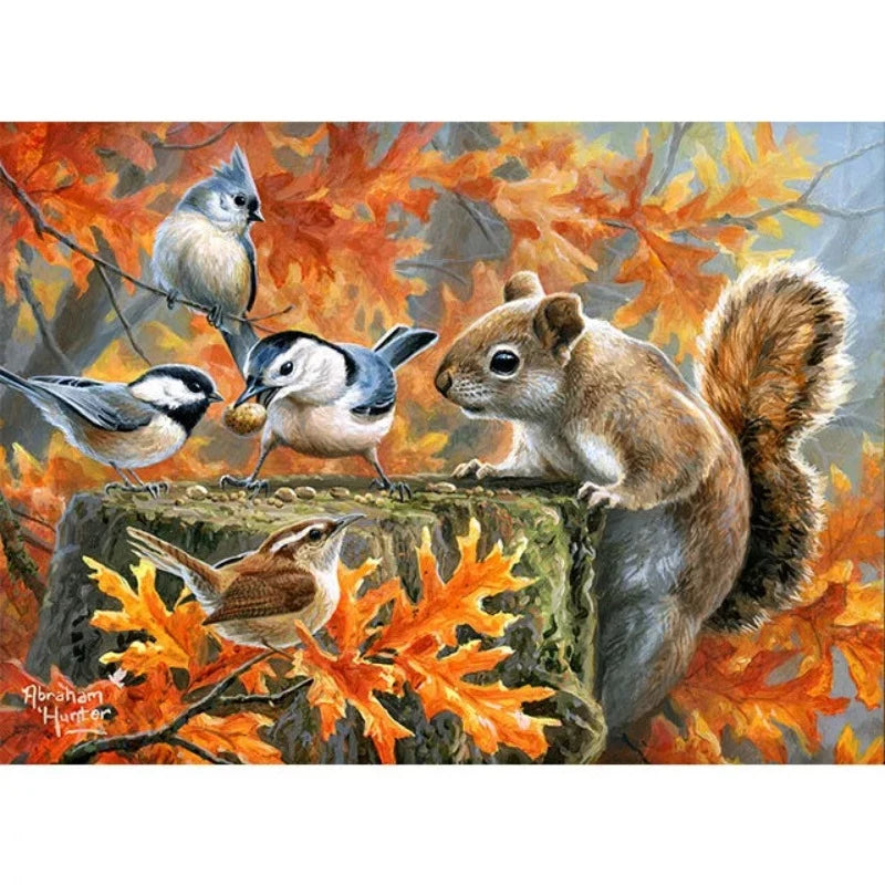 Squirrel And Birds In Autumn Forest Paint by Numbers