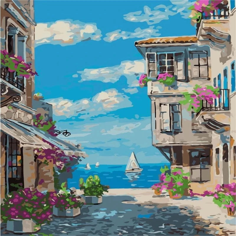 Coastal Buildings Landscape Paint by Numbers