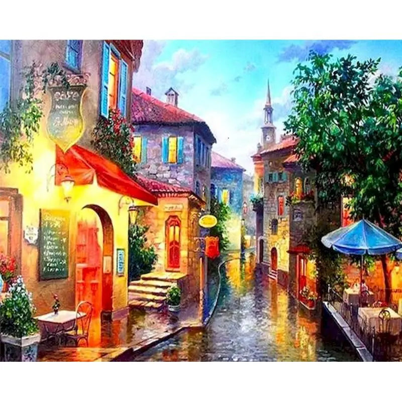 Evening City Village Scene Paint by Numbers
