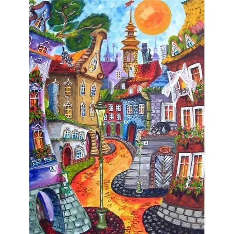 Enchanted Village Colorful Abstract Landscape Paint by Numbers