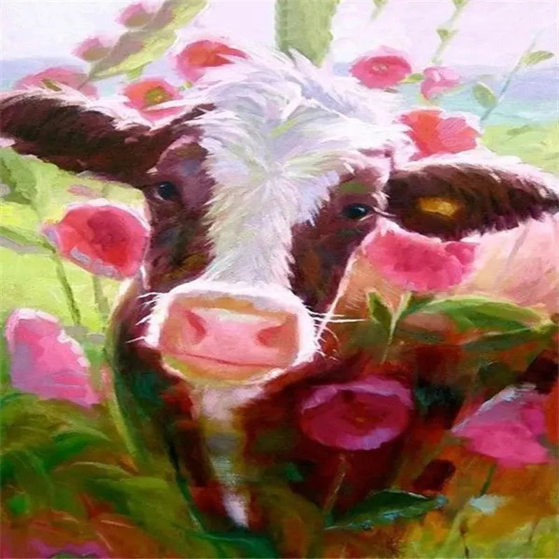 Pink Flowers And Baby Cow Paint by Numbers