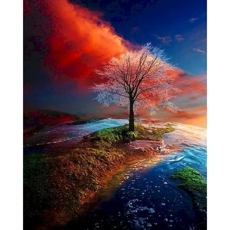Red Tree Sunset In Ocean Paint by Numbers