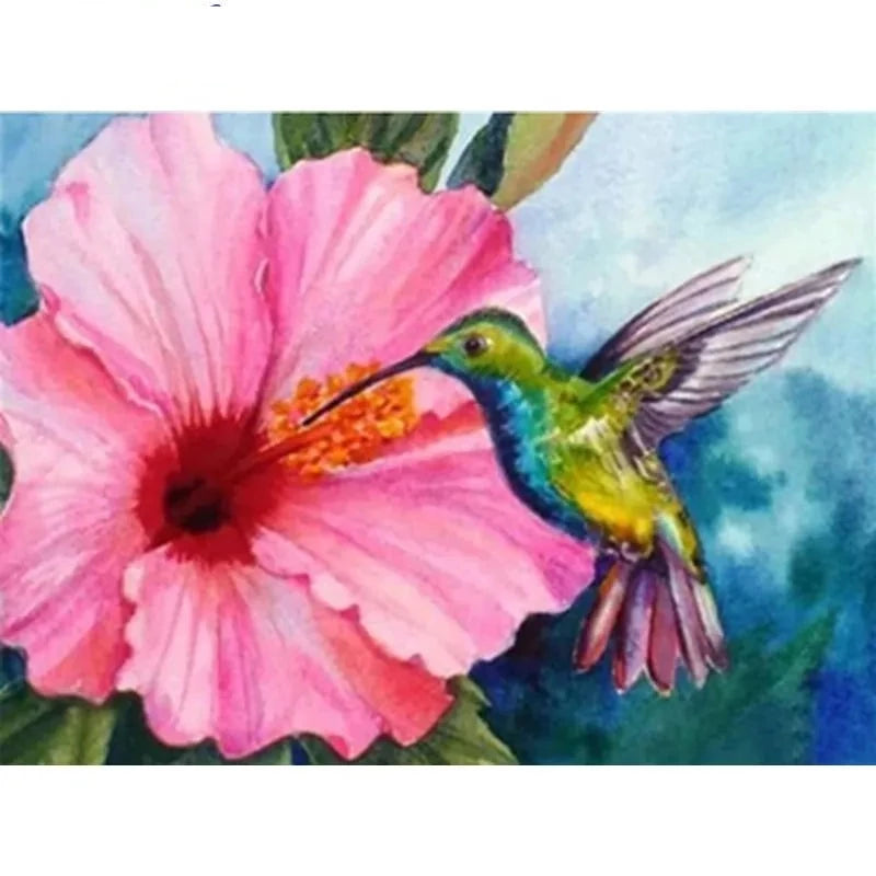 Pink Hibiscus And Green Hummingbird Paint by Numbers