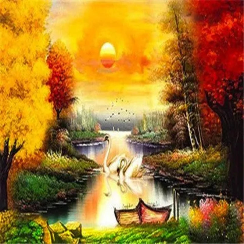 Swan In Lake At Autumn Paint by Numbers