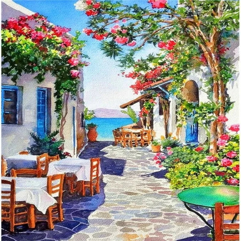 Floral Coastal Houses Scene Paint by Numbers