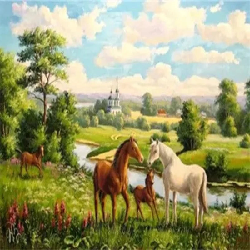 Horse Family River Landscape Paint by Numbers