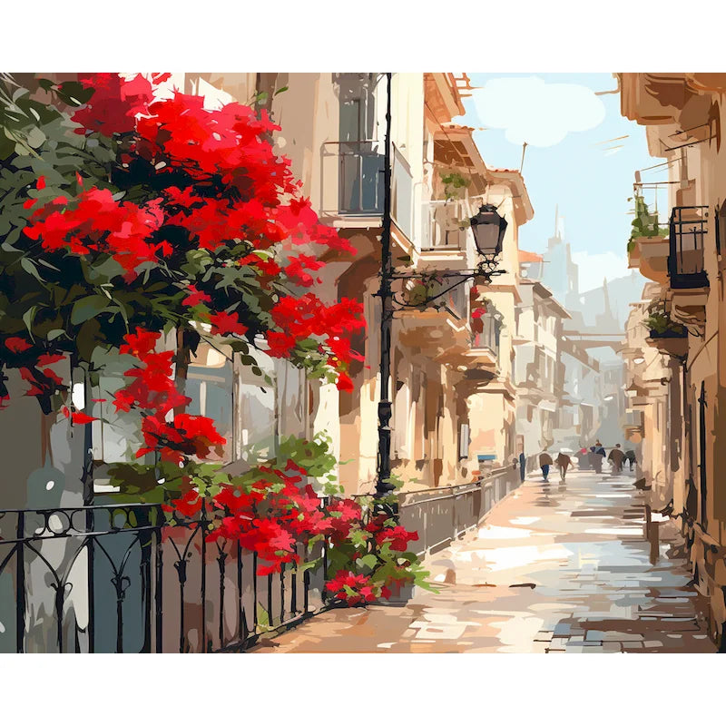 Red Bougainvillea Villa Street Paint by Numbers