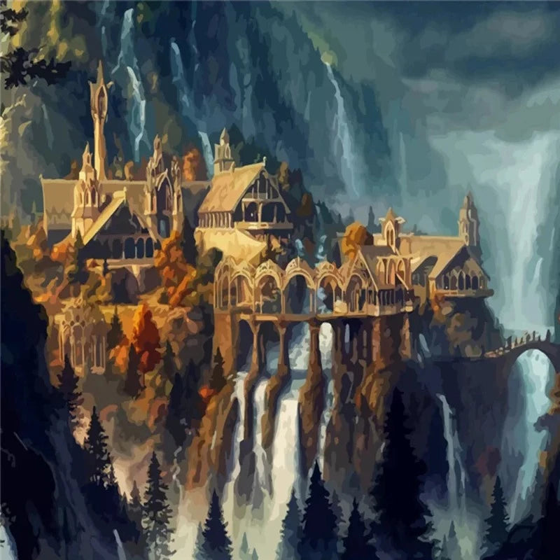 Enchanted Fantasy Waterfall Castle Paint by Numbers