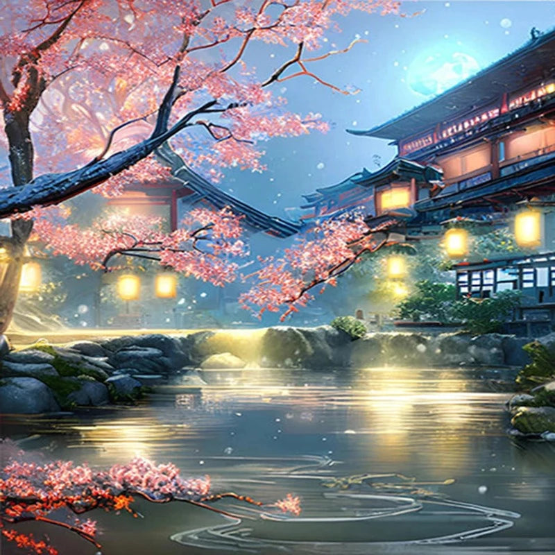 Japanese House Cherry Blossom Paint by Numbers