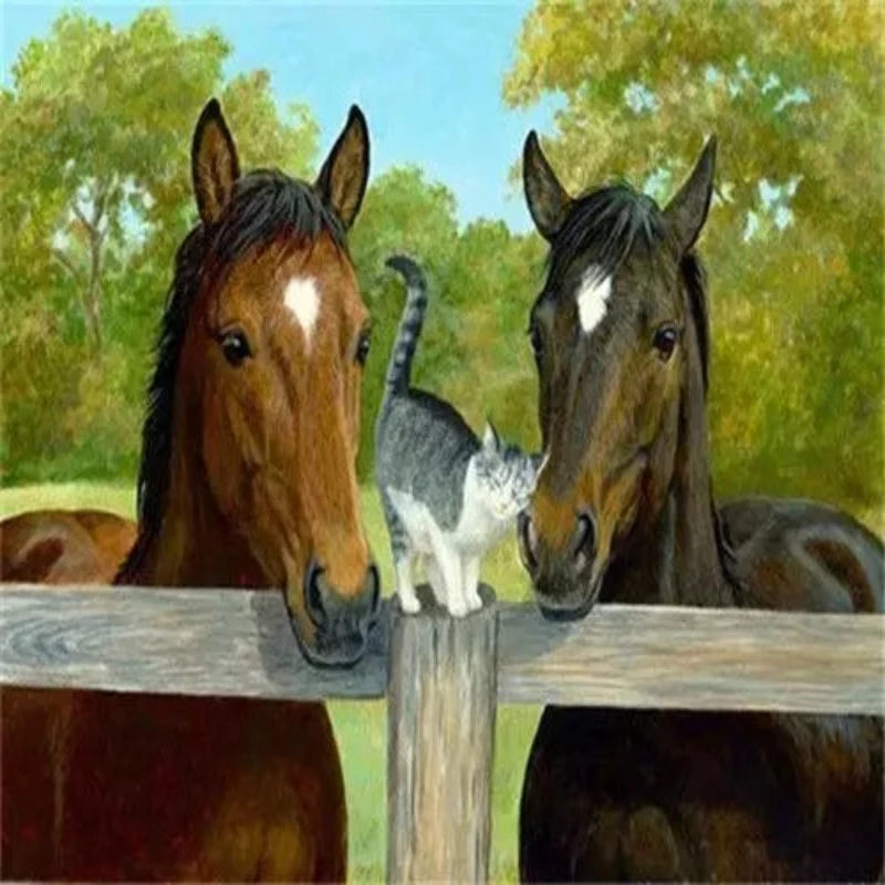 Two Horses With Friend Cat Paint by Numbers