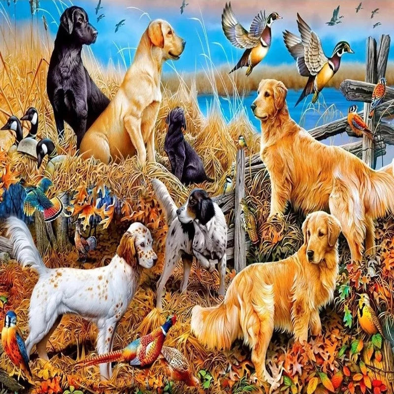 Dogs And Birds In Garden Paint by Numbers