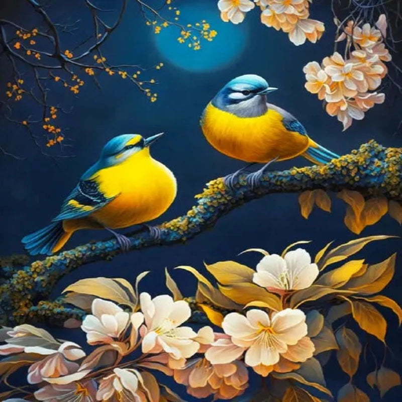 Birds Flowering Tree Night Scene Paint by Numbers