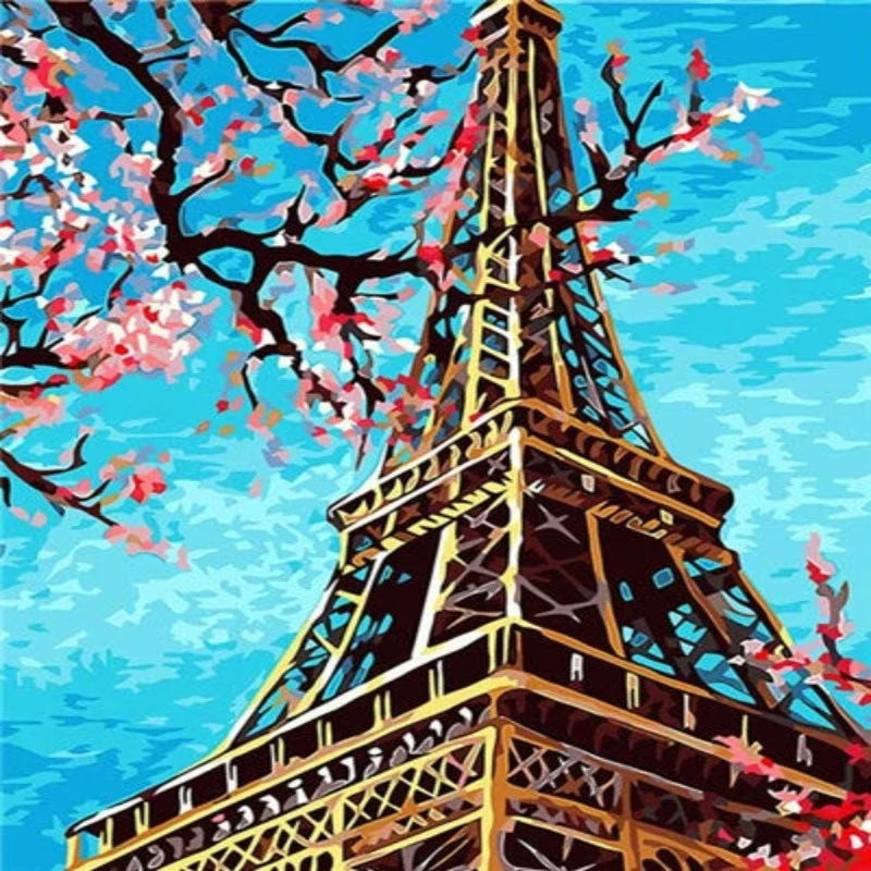 Blooming Tree At Top Of Eiffel Tower Paint by Numbers