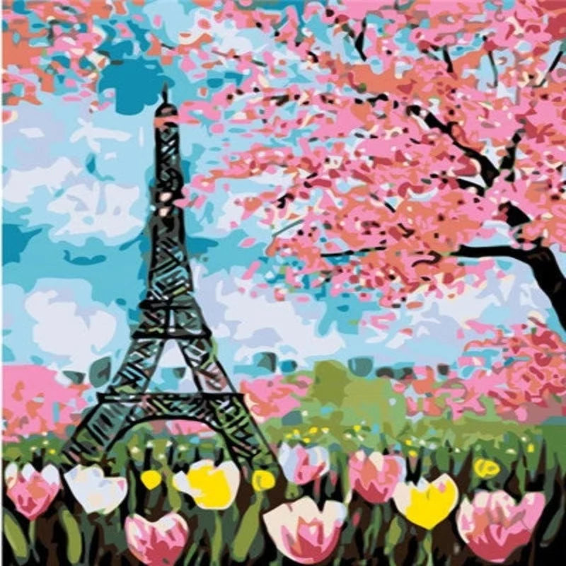 Eiffel Tower In Spring Flower Bloom Paint by Numbers 