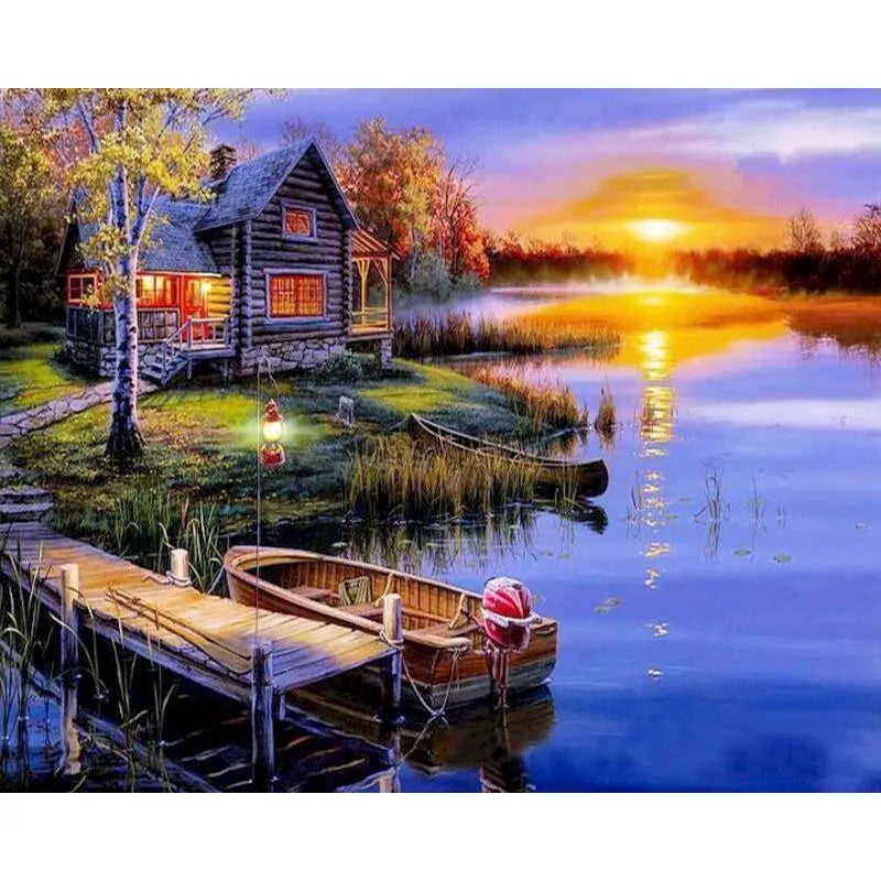 House At Lake Sunset Paint by Numbers 