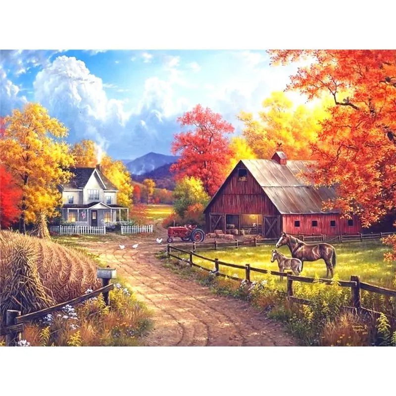 Autumn Village House Landscape Paint by Numbers