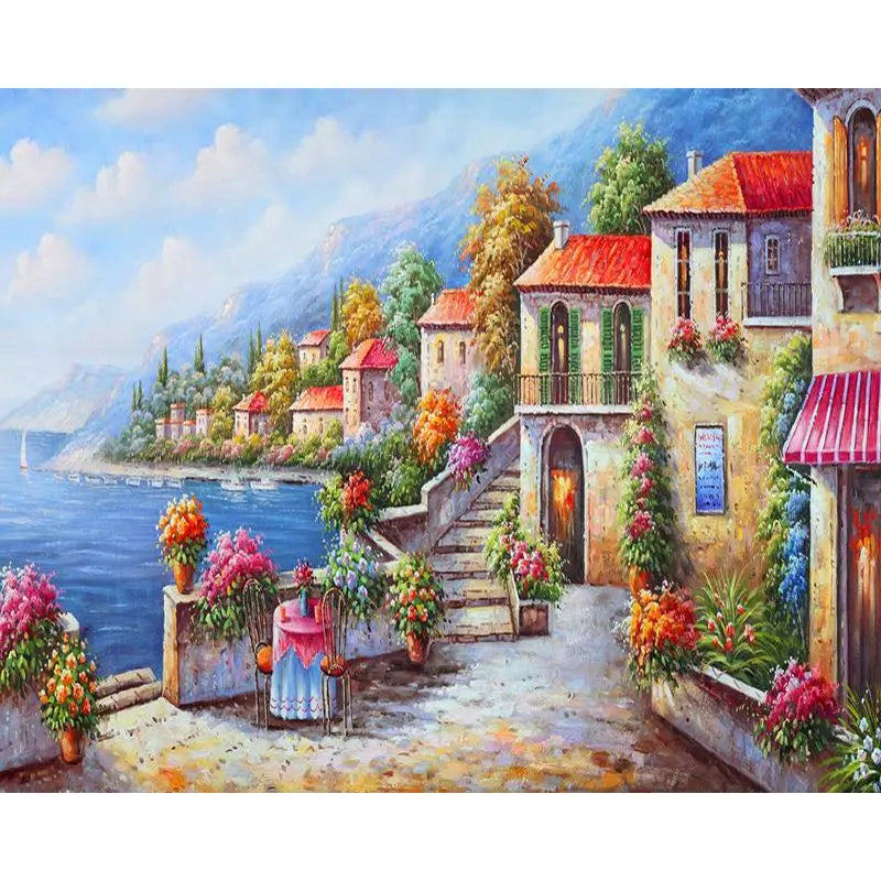 European Village Coastal City Landscape Paint by Numbers 