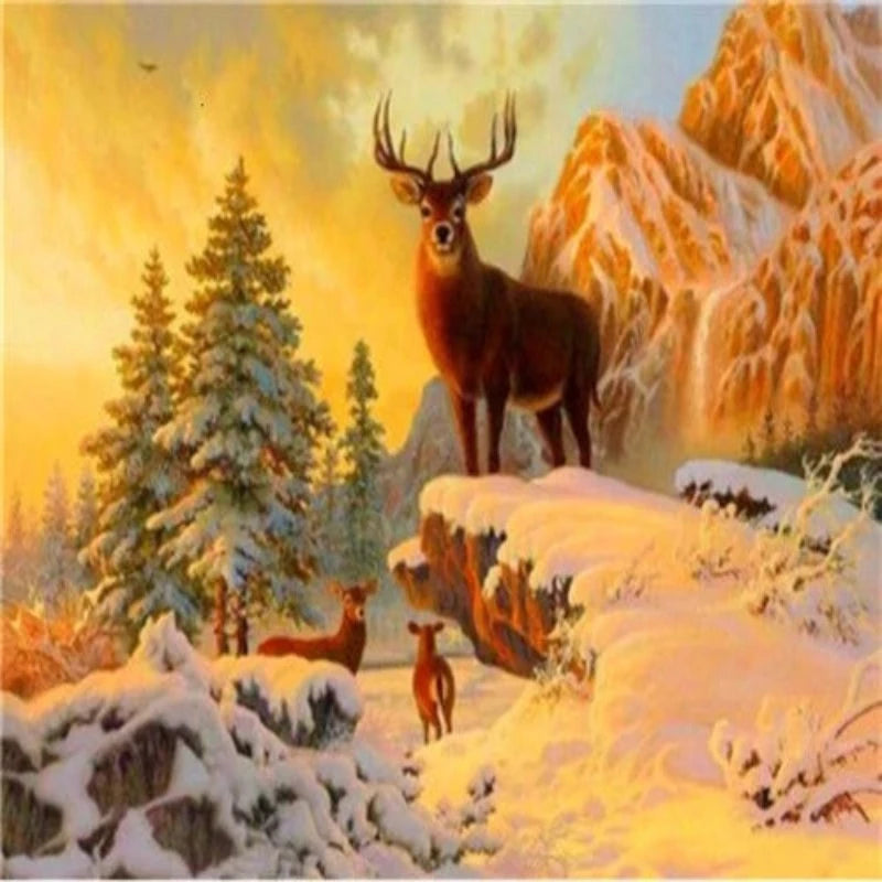 Deer Family Mountain Snow Paint by Numbers 