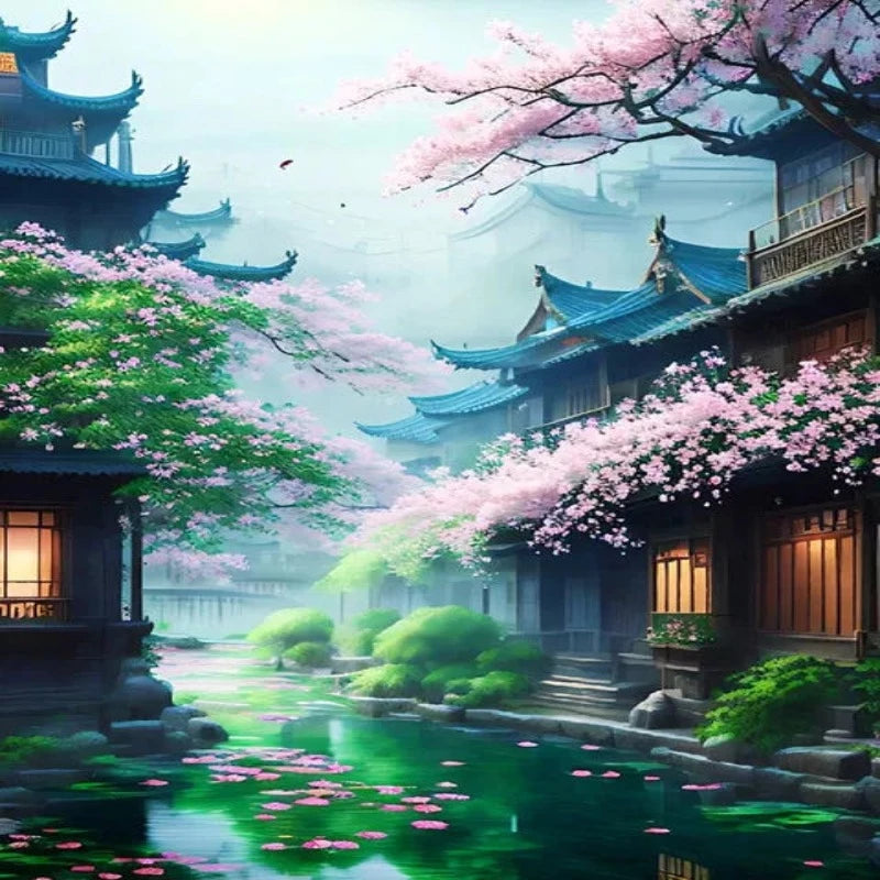 Fairy Theme Japanese Temple Landscape Paint by Numbers 