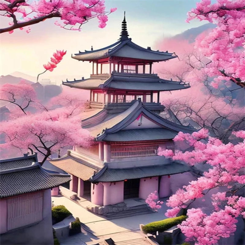 Japanese Temple Cherry Blossom Scenery Paint by Numbers 