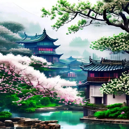 Peaceful Japanese Temple Scenery Paint by Numbers 