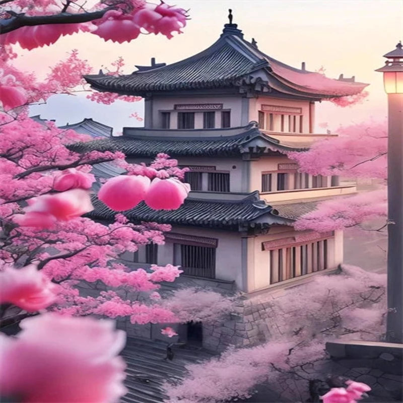 Lovely Cherry Blossom Japanese Temple Paint by Numbers 