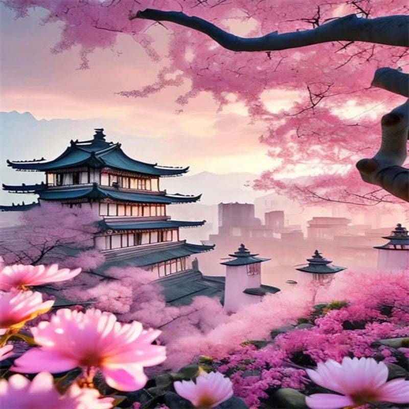 Pink Flowers Japanese Temple Scene Paint by Numbers 