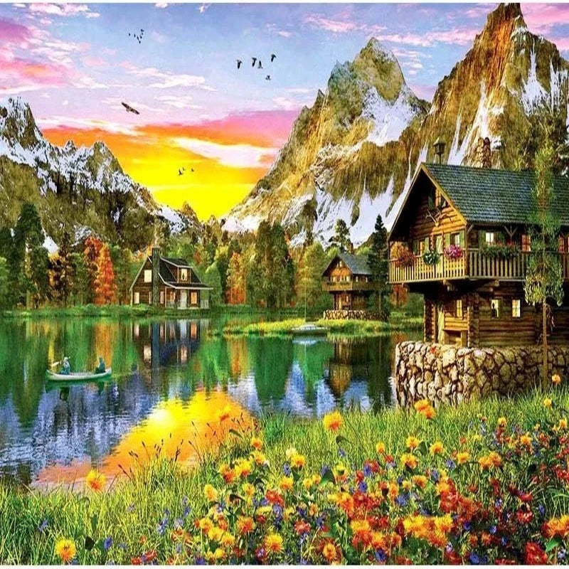 Houses Lake And Mountains Paint by Numbers 