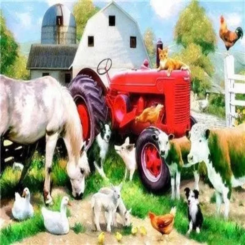 Farm Animals And Vintage Tractor Paint by Numbers 