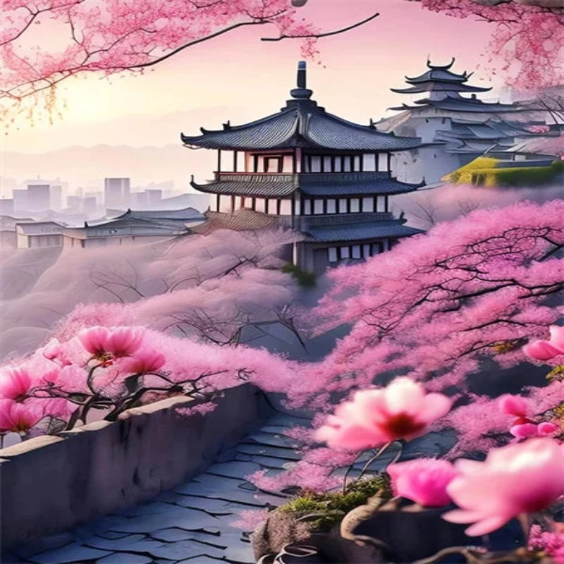 Beautiful Flowers Japanese Temple Landscape Paint by Numbers 