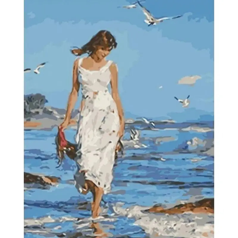 Woman Birds And Rocky Beach Paint by Numbers 