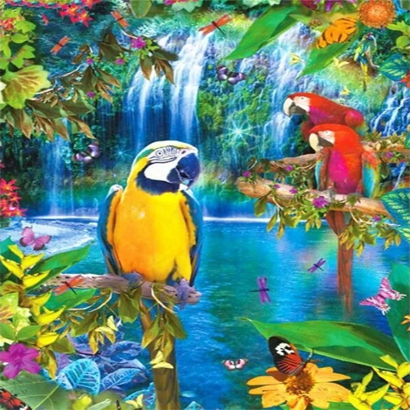 Parrot In Waterfalls Scene Paint by Numbers 