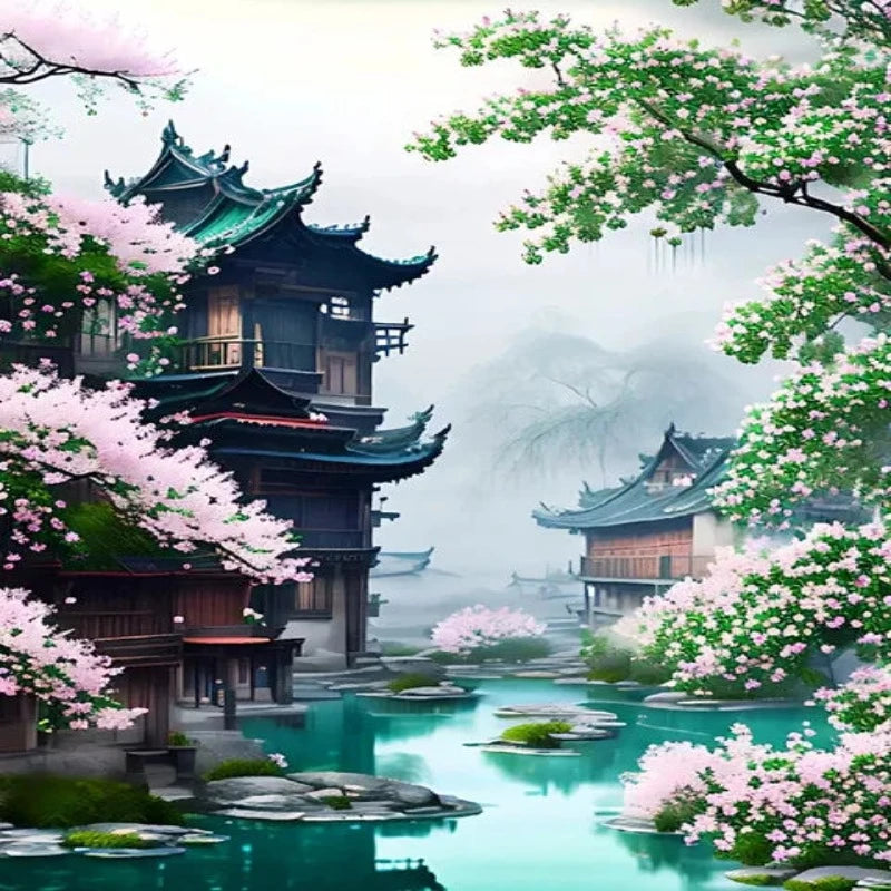 Green And Pink Scenery Japanese Temple Paint by Numbers 