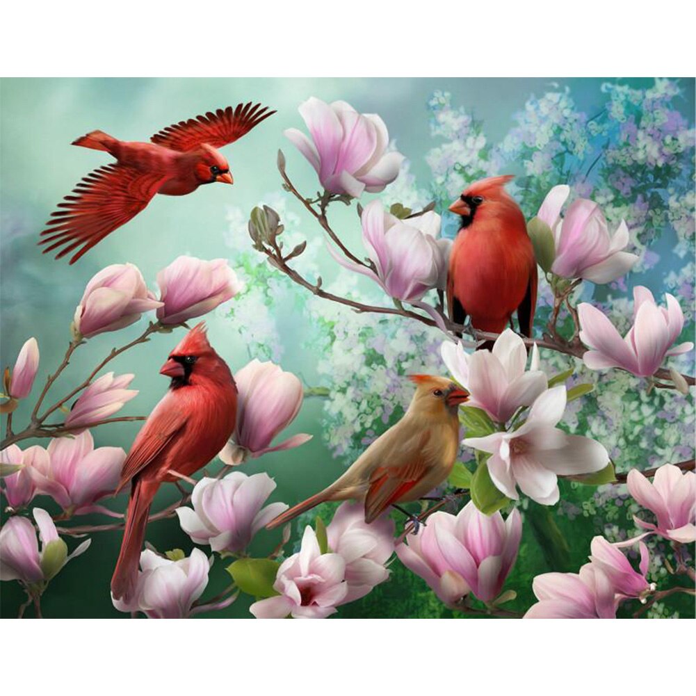 Red Birds And Pink Flowers