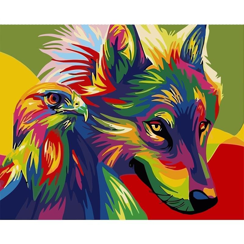Paint By Numbers Colored Wolf And Eagle